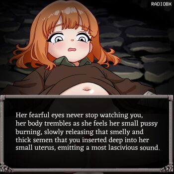  1girl after_rape after_vaginal aftersex censored convenient_censoring crying crying_with_eyes_open cum cum_in_pussy dress dungeon fear_&amp;_hunger_(series) fear_&amp;_hunger_1 grey_eyes highres indoors loli no_panties orange_hair radiobx rape scared short_hair spread_legs tears the_girl_(fear_&amp;_hunger)  rating:Explicit score:97 user:CunnyInc