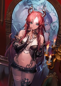  artist_request blue_eyes blue_hair green_eyes highres horns midriff mirror navel pantyhose red_hair short_shorts shorts tagme  rating:Sensitive score:19 user:JasperNakamura