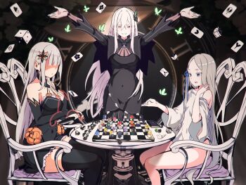  3girls black_dress blue_eyes blue_ribbon breasts butterfly_hair_ornament capelet chair character_doll chessboard detached_sleeves doll dress echidna_(re:zero) eyes_in_shadow faceless faceless_female frills hair_between_eyes hair_ornament hair_ribbon highres large_breasts long_hair medium_breasts multiple_girls outstretched_arms pandora_(re:zero) parted_bangs patio_chair pelvic_curtain re:zero_kara_hajimeru_isekai_seikatsu ribbon satella_(re:zero) small_breasts spread_arms table thighhighs very_long_hair white_dress white_hair zerobarto 