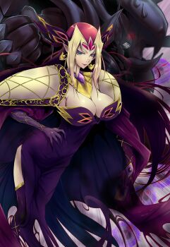  1girl anti-hope_god_of_despair blonde_hair blue_eyes breasts card cleavage dress duel_monster dystopia_the_despondent e'rah elbow_gloves female_focus gloves large_breasts light_smile long_hair purple_legwear solo thighs yamaneko yu-gi-oh! yu-gi-oh!_zexal yuu-gi-ou yuu-gi-ou_zexal 