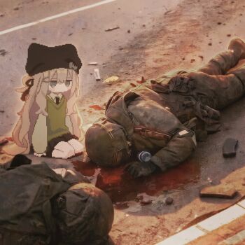  1girl 2boys arms_at_sides beanie black_gloves black_hat black_necktie black_skirt blood brown_hair camouflage collared_shirt corpse death debris dusk gloves green_eyes hat helmet highres jitome kipfel_(vrchat) kneeling legs_together long_hair long_sleeves looking_at_another lying magazine_(weapon) military mochiyama_kingyo multiple_boys necktie on_ground on_stomach outdoors photo_background pixel_art pleated_skirt pool_of_blood road seiza shaded_face shirt sitting skirt sleeves_past_fingers sleeves_past_wrists soldier sunlight susblack sweater_vest very_long_hair vrchat war white_shirt 