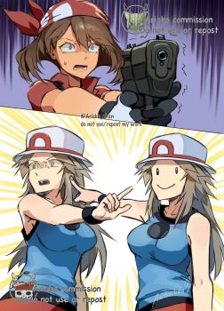 3girls ariekochan bandana blue_eyes blue_shirt breasts brown_eyes brown_hair bucket_hat closed_mouth commentary ditto english_commentary gen_1_pokemon gloves gun handgun hat highres holding holding_gun holding_weapon imposter large_breasts leaf_(pokemon) long_hair may_(pokemon) motion_lines multiple_girls nintendo open_mouth pointing pointing_at_another pokemon pokemon_firered_and_leafgreen pokemon_ruby/sapphire/emerald porkpie_hat red_bandana red_shirt red_skirt shirt skirt sleeveless sleeveless_shirt smile solid_oval_eyes teeth transformed_ditto trembling weapon white_hat wristband