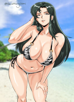  1girl animal_print beach bikini blue_sky breasts brown_eyes cima_garahau cloud commentary cow_print cow_print_bikini curvy david_huang english_commentary gundam gundam_0083 hand_on_own_head hand_on_own_hip highres long_hair navel print_bikini sand sky solo swimsuit twitter_username 