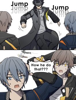  5boys absurdres aether_(genshin_impact) arknights arknights:_endfield black_coat black_jacket black_pants blindfold_mask caelus_(honkai:_star_rail) coat commentary crossover denim denim_jacket dorahdew endministrator_(arknights) english_commentary english_text genshin_impact grey_hair grey_sweater highres honkai:_star_rail honkai_(series) jacket male_endministrator_(arknights) male_focus male_rover_(wuthering_waves) mask multiple_boys multiple_crossover open_mouth pants rover_(wuthering_waves) sweatdrop sweater trailblazer_(honkai:_star_rail) wise_(zenless_zone_zero) wuthering_waves zenless_zone_zero 