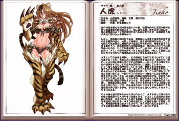  1girl abs animal_ear_fluff animal_ears animal_hands armor bell bikini bikini_armor black_hair blush body_blush book breasts brown_hair bursting_breasts character_name character_profile claws cleavage cleavage_cutout clothing_cutout codpiece facial_mark faulds female_focus floating_hair fur fur_trim gluteal_fold hair_between_eyes jingle_bell jinko_(monster_girl_encyclopedia) kenkou_cross large_breasts long_hair looking_at_viewer midriff monster_girl monster_girl_encyclopedia monster_girl_encyclopedia_ii multicolored_hair muscular muscular_female muscular_legs navel official_art open_book orange_eyes pauldrons revealing_clothes shoulder_armor simple_background solo standing striped swimsuit tail text_focus thick_thighs thighs tiger tiger_ears tiger_tail toned toned_female toned_stomach translation_request two-tone_hair very_long_hair watermark web_address white_background wide_hips yellow_eyes  rating:Questionable score:92 user:Jake2011