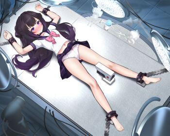  1girl absurdres arms_up artist_request barefoot bdsm black_hair blush bondage bound bound_ankles bound_arms bow bow_panties bowtie chinese_commentary clothes_lift commentary_request commission crop_top cropped_shirt crotch_seam cuffs from_above full_body gradient_hair grimace highres indoors long_hair looking_at_viewer lying midriff mo_nv_zhi_wen_nai_bai_he_zhi_wei multicolored_hair navel nose_blush on_table panties parted_lips pink_bow pink_bowtie plaid_clothes plaid_skirt purple_eyes purple_sailor_collar purple_skirt sailor_collar school_uniform second-party_source serafuku shackles shirt short_sleeves skirt skirt_lift solo spread_legs table underwear variant_set white_panties white_shirt 