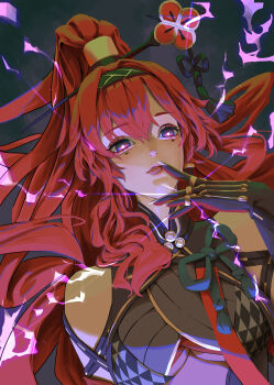  1girl absurdres bare_shoulders black_gloves black_hairband breasts bright_pupils commentary_request gloves hair_between_eyes hairband high_ponytail highres lips long_hair mark_under_both_eyes medium_breasts nose ponytail purple_eyes purple_lightning red_hair sockonsoda solo tongue tongue_out upper_body white_pupils wuthering_waves yinlin_(wuthering_waves) 