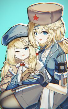  2girls :d ;d absurdres arm_around_shoulder beret black_gloves blonde_hair blue_dress blue_eyes blue_jacket blush braid brown_capelet brown_gloves brown_hat capelet clone dress fingerless_gloves girls'_frontline girls'_frontline_2:_exilium gloves hair_between_eyes hair_ornament hairclip hand_up happy hat headwear_switch heart heart_hands heart_hands_duo highres jacket long_hair looking_at_viewer multiple_girls one_eye_closed open_mouth papasha_(girls'_frontline_2) ppsh-41_(girls'_frontline) smile twintails upper_body user_jyux3852 white_dress 