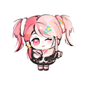  1girl bead_necklace beads black_jacket black_shoes black_skirt chibi chinese_commentary closed_mouth collared_jacket collared_shirt commentary_request ear_piercing earrings eyelashes fengmi_youzi_hua fur-trimmed_jacket fur-trimmed_sleeves fur_trim gyaru hair_ornament hair_scrunchie hairclip hand_on_own_chest happy heart heart_hair_ornament highres infinity_nikki jacket jewelry leg_warmers light_blush long_hair long_sleeves looking_at_viewer miniskirt multicolored_hair necklace nikki_(series) one_eye_closed parallel_hairclips piercing pink_eyes pink_hair pink_leg_warmers pink_scrunchie pink_shirt rainbow_hair_ornament ribbon ribbon_earrings rosie_sweetheart_(infinity_nikki) scrunchie shirt shoes simple_background single_earring skirt smile solo split-color_hair two_side_up very_long_hair white_background white_scrunchie wrist_scrunchie x_hair_ornament y2k_fashion yellow_ribbon 