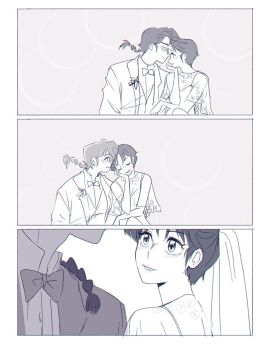  1boy 2girls bisexual_female braid closed_eyes commentary dress eye_contact greyscale head_rest highres isabel_(chabeescalante) looking_at_another monochrome multiple_girls ranma-chan ranma_1/2 saotome_ranma short_hair single_braid tendou_akane untranslatable_commentary wedding_dress 