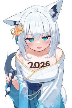  1girl 2026 :d absurdres ahoge animal_ear_fluff animal_ear_piercing animal_ears aqua_eyes asymmetrical_ears blue_hakama blue_kimono blue_sash blush body_writing braid breasts calligraphy_brush cleavage commentary_request deaver double-parted_bangs fang flower fox_ears fox_girl fox_tail gold_trim gradient_clothes gradient_kimono hair_between_eyes hair_flower hair_ornament hakama hakama_skirt highres holding holding_calligraphy_brush holding_paintbrush hololive japanese_clothes kanzashi kimono large_breasts leaning_forward long_hair looking_at_viewer obi off_shoulder official_alternate_costume open_mouth paintbrush pentagram sash shirakami_fubuki shirakami_fubuki_(new_year) side_braid simple_background single_braid skin_fang skirt smile solo straight-on striped_blush tail virtual_youtuber white_background white_hair white_kimono 