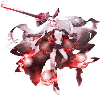  1girl abyssal_ship akira_(kadokawa) anchorage_princess black_gloves breasts cleavage colored_skin elbow_gloves full_body gloves kantai_collection leg_up long_hair medium_breasts official_art platform_shoes red_eyes rigging ship_turret simple_background solo third-party_source transparent_background underboob very_long_hair white_hair white_skin 