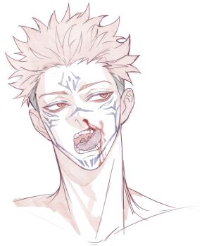  1boy blood commentary_request cropped_head facial_tattoo forehead_tattoo jujutsu_kaisen kan_(forest_kan) looking_to_the_side male_focus nosebleed open_mouth pink_hair red_eyes ryoumen_sukuna_(jujutsu_kaisen) short_hair simple_background solo tattoo teeth tongue tongue_out undercut white_background 