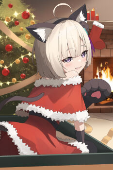  1girl absurdres ahoge animal_ear_hairband animal_ears animal_hands cat_ear_hairband cat_ears cat_paws christmas christmas_ornaments christmas_tree fake_animal_ears fireplace grey_hair hairband hashtag-only_commentary heaven_burns_red highres minase_sumomo niwanwagon purple_hair 