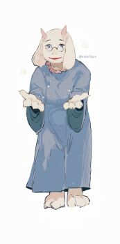  1girl :d absurdres artist_name barefoot breasts chinese_commentary commentary_request deltarune dress fangs fewer_digits film_grain flower full_body furry furry_female glasses goat_girl grey-framed_eyewear halftone highres hightguy horns leaning_forward long_dress long_sleeves looking_at_viewer mature_female open_mouth pink_horns plump purple_dress purple_eyes reaching reaching_towards_viewer round_eyewear simple_background skin_fangs small_breasts smile solo standing tareme toes toriel utdr_(toby_fox) white_background white_fur wide_sleeves 