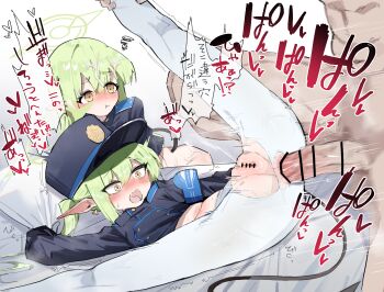  1boy 2girls anal armband bar_censor black_tail blue_archive blue_armband blue_hat blue_jacket blush buttons censored closed_mouth constricted_pupils demon_tail double-breasted female_ejaculation ga-chan_(kokonattusoul) green_hair green_halo halo hat hetero hikari_(blue_archive) jacket loli long_sleeves multiple_girls nozomi_(blue_archive) open_mouth paid_reward_available pantyhose peaked_cap penis pointy_ears pussy sex siblings sisters tail torn_clothes torn_pantyhose translation_request twins white_pantyhose yellow_eyes 