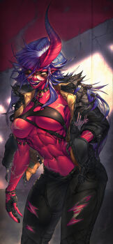  1girl abs absurdres arm_tattoo artist_name asymmetrical_clothes asymmetrical_gloves asymmetrical_horns asymmetrical_top asymmetrical_underboob belt_bra bikini black_bikini black_jacket black_jeans black_sclera blue_hair bracelet breasts bursting_breasts choker collar colored_sclera colored_skin deep_skin demon_girl demon_horns denim ear_piercing earrings fingerless_gloves forked_tongue functionally_nude fur-trimmed_jacket fur_trim glasses gloves glowing glowing_eyes highres horns jacket jeans jewelry leather leather_jacket licking_lips long_hair long_tongue looking_at_viewer mcjoajoa medium_breasts merilyn_(mcjoajoa) monster_girl muscular muscular_female no_nipples one_breast_out oni open_clothes open_jacket orange_eyes original pants piercing pointy_ears red_skin revealing_clothes sagging_breasts scar scar_on_abs scar_on_arm scar_on_breasts scar_on_chest scar_on_face scar_on_hand scar_on_hip scar_on_leg scar_on_neck scar_on_nose scar_on_pubic_area scar_on_stomach scar_on_wrist segmented_horns sharp_teeth signature single_horn skindentation slit_pupils swimsuit tattoo teeth tongue tongue_out torn_clothes torn_jeans torn_pants tribal_tattoo unbuttoned_pants underboob undone_belt variant_set very_long_hair yellow_eyes 