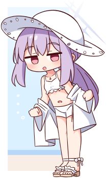  1girl :d absurdres atsuko_(blue_archive) atsuko_(swimsuit)_(blue_archive) bikini bikini_shorts blue_archive blush brown_sandals closed_mouth commentary_request full_body halo hana_kazari hat highres jacket jitome long_hair long_sleeves looking_at_viewer navel off_shoulder open_clothes open_jacket open_mouth purple_hair red_eyes sandals shorts smile solo standing swimsuit white_bikini white_hat white_jacket 
