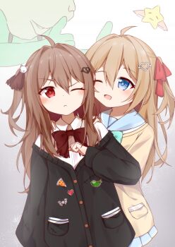  2girls aqua_bow aqua_bowtie black_cardigan black_skirt blue_eyes bow bowtie broken_heart broken_heart_hair_ornament brown_hair cardigan closed_mouth commentary_request dress_shirt evil_neuro-sama hair_between_eyes hair_ornament hair_ribbon heart heart_hair_ornament highres long_hair long_sleeves maomao_bohejiang_uu multiple_girls neuro-sama open_mouth original red_eyes red_ribbon ribbon sailor_collar shirt skirt sleeves_past_wrists torn_hair_ribbon virtual_youtuber white_shirt yellow_cardigan 