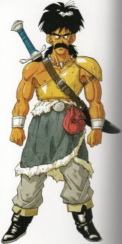  1990s_(style) 1boy absurdres armor black_boots black_eyes black_facial_hair black_hair blue_shawl boots bracelet breastplate cheekbones dragon_quest dragon_quest_v facial_hair full_body grey_pants highres jewelry low_ponytail male_focus mature_male muscular muscular_male mustache necklace nipples official_art pants papas pauldrons ponytail retro_artstyle scabbard scan shawl sheath sheathed shoulder_armor single_pauldron spiked_hair sword sword_on_back tan third-party_source tooth_necklace toriyama_akira weapon weapon_on_back 