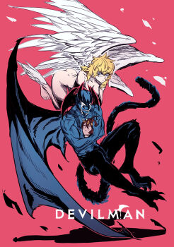 1boy 1girl ass blonde_hair blue_eyes closed_mouth commentary_request crying devilman devilman_(character) devilman_crybaby feathered_wings floating full_body holding_detached_head makimura_miki nude pink_background satan_(devilman) shen_shipi_(agil548g6h6) tail wings 