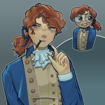  1boy alexander_hamilton blue_eyes blue_jacket blue_ribbon brown_hair brown_vest chibi chibi_inset curly_hair freckles green_background hair_ribbon hand_up highres jacket long_hair long_sleeves male_focus nib_pen_(object) object_in_pocket open_clothes open_jacket pen pen_in_pocket pocket ponytail real_life ribbon rinnivin shirt vest white_shirt 