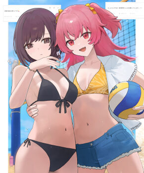  2girls :d ball bare_shoulders beach beach_volleyball bikini black_bikini blue_shorts blue_sky blurry blurry_background blush bob_cut bow bracelet braid breasts brown_eyes brown_hair cleavage collarbone commentary_request cowboy_shot crossed_bangs cutoffs day denim denim_shorts fan_request fang flying_sweatdrops front-tie_bikini_top front-tie_top hair_between_eyes hair_bow hand_on_another&#039;s_waist hand_up highres holding holding_ball jewelry leaf_print long_hair looking_at_viewer medium_breasts momoi_airi multiple_girls navel odaibako open_clothes open_mouth open_shirt outdoors pink_eyes pink_hair project_sekai request_inset sand screenshot_inset shinonome_ena shirt short_hair short_shorts shorts side-by-side side-tie_bikini_bottom side_braid sidelocks skin_fang sky small_breasts smile standing stomach string_bikini swept_bangs swimsuit two_side_up usagi_melon3 volleyball_(object) volleyball_net wet white_bow white_shirt yellow_bikini 