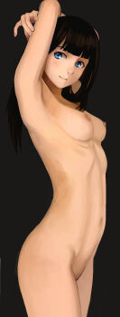 1girl arms_behind_head black_hair blue_eyes blush breasts completely_nude fingernails highres long_hair looking_at_viewer navel nipples nude original simple_background small_breasts smile solo standing stretching tagme upper_body rating:Questionable score:28 user:robblu