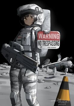  1girl 4others absurdres artist_name astronaut black_hair brown_eyes bullpup closed_mouth commentary_request dated english_text expressionless feet_out_of_frame full_body gun helmet highres holding holding_gun holding_weapon light_blush multiple_others original sign signature space space_helmet spacecraft spacesuit teisei_misagi twitter_username warning_sign weapon  rating:General score:5 user:danbooru