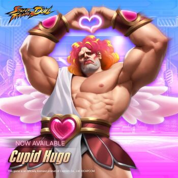  1boy belt black_hair blue_eyes capcom cupid heart heart_hands hugo_andore lipstick long_hair looking_down makeup male_focus messy_hair muscular muscular_male official_art solo street_fighter street_fighter:_duel street_fighter_iii_(series) sun tank_top unshaved_face wings 