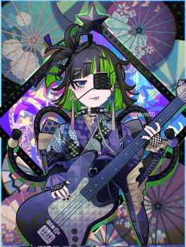  1girl ;p artist_name asymmetrical_bangs back_bow bass_guitar black_arm_warmers black_background black_hair black_kimono black_nails black_sash blunt_bangs blunt_ends bow closed_mouth colored_inner_hair commentary cowboy_shot cross-laced_armwear diamond_(shape) dot_nose drop_shadow eyepatch floral_print frilled_arm_warmers frilled_sleeves frills green_hair guitar hair_ornament hairclip happy hashtag-only_commentary highres instrument japanese_clothes jitome kimono large_bow long_eyelashes long_sleeves looking_at_viewer medical_eyepatch messy_hair multicolored_hair music nail_polish obi oil-paper_umbrella one_eye_closed one_side_up original piercing playing_guitar playing_instrument print_bow print_kimono purple_bow purple_eyes purple_kimono reean rope sash shimenawa short_hair smile solo star_(symbol) straight-on streaked_hair tongue tongue_out tongue_piercing two-tone_hair two-tone_kimono umbrella wide_sleeves yukata 