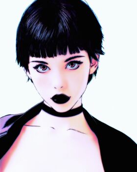  1girl black_choker black_hair black_lips choker highres ilya_kuvshinov looking_at_viewer original pink_eyes portrait short_hair solo white_background 