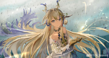 10k_leaves 1girl absurdres arknights bare_shoulders beads blonde_hair brown_hair chinese_commentary closed_mouth commentary_request dragon_girl dragon_horns earrings grey_eyes highres horns jewelry light_smile long_hair long_sleeves looking_at_viewer magic multicolored_hair necklace off_shoulder pointy_ears purple_hair red_pupils shu_(arknights) sketch solo upper_body watermark weibo_watermark weibo_watermark rating:Sensitive score:2 user:danbooru
