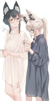 alternate_costume animal_ear_fluff animal_ears black_hair black_shirt commentary_request cup glasses highres hololive long_hair looking_back looking_down ookami_mio red_hair shirakami_fubuki shirt simple_background smile torokko virtual_youtuber white_background white_hair white_shirt wolf_ears wolf_girl yellow_eyes