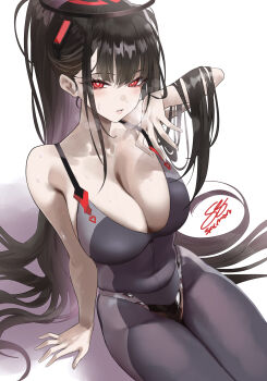  1girl adapted_costume black_bodysuit black_hair black_halo blue_archive blunt_bangs bodysuit breasts bright_pupils cleavage commentary_request hair_lift hair_spread_out halo hand_in_own_hair highres large_breasts long_hair looking_at_viewer mixed-language_commentary multicolored_halo official_alternate_costume official_alternate_hairstyle parted_lips ponytail red_eyes ringed_eyes rio_(blue_archive) rio_(bodysuit)_(blue_archive) salmon88 signature simple_background sitting skin_tight solo strap_lift two-tone_halo very_long_hair white_pupils 