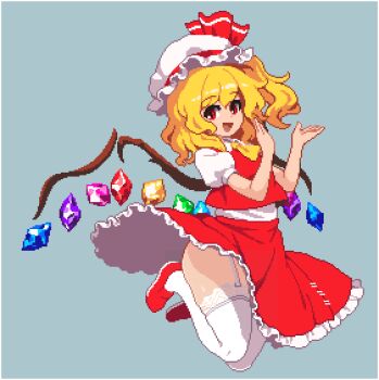 1girl :d ascot blonde_hair clothes_lift commentary_request crystal female_focus flandre_scarlet frilled_skirt frills full_body garter_straps grey_background hat hat_ribbon jumping lace lace-trimmed_legwear lace_trim looking_at_viewer lowres medium_hair medium_skirt mob_cap namako_daibakuhatsu one_side_up open_mouth pixel_art puffy_short_sleeves puffy_sleeves red_eyes red_ribbon red_shoes red_skirt red_vest ribbon shirt shoes short_sleeves simple_background skirt skirt_lift skirt_set smile solo thigh_tease thighhighs touhou vest white_shirt white_thighhighs wings yellow_ascot rating:Sensitive score:73 user:danbooru