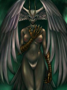  1girl antenna_hair arm_at_side bird_girl claws collarbone colored_pubic_hair colored_skin commentary demon_girl devilman evil_smile feather_tail feathered_wings fingernails green_background green_eyes grey_skin head_wings highres looking_at_viewer navel no_humans pubic_hair red_lips sharp_fingernails sirene_(devilman) smile solo white_hair wings yusao 