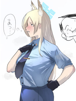  1boy 1girl animal_ears black_gloves blonde_hair blue_archive blue_eyes blush collared_shirt commentary_request dog_ears dog_girl from_side gloves highres kanna_(blue_archive) long_hair necktie ponzu_0419 sensei_(blue_archive) sharp_teeth shirt sweat teeth 