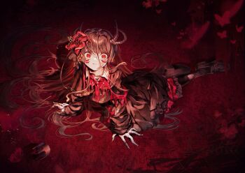  1girl arm_support armband black_hair blood bug butterfly commentary_request cracked_skin crown dress extra_eyes fingernails flower hair_flower hair_ornament harumachi_kanata highres horns insect lily_(flower) loafers long_fingernails long_hair lying mahou_shoujo_no_majo_saiban mini_crown necktie nikaido_hiro on_stomach red_eyes shoes solo torn_clothes unworn_crown very_long_hair wilted_flower witch_(manosaba) 