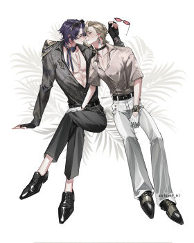  2boys alternate_costume arm_support aventurine_(honkai:_star_rail) bare_pectorals belt black_belt black_choker black_gloves black_shoes blonde_hair blue_hair blush bracelet choker collarbone dr._ratio_(honkai:_star_rail) dress_shoes earrings eye_contact eyewear_on_head fingerless_gloves full_body gloves grey_shirt hand_on_another's_thigh hashtag-only_commentary highres holding holding_removed_eyewear honkai:_star_rail honkai_(series) imminent_kiss invisible_chair jewelry lapels looking_at_another male_focus medium_hair multiple_boys necklace notched_lapels parted_hair partially_open_shirt pectorals perciren piercing pink-tinted_eyewear ring shirt shirt_tucked_in shoes short_hair short_sleeves sitting smile sunglasses tinted_eyewear unworn_eyewear white_background white_gloves yaoi 