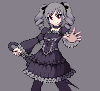  1girl animated animated_gif black_dress black_pantyhose christian_john_sanchez closed_mouth commentary dress drill_hair english_commentary gothic_lolita grey_background grey_hair holding holding_umbrella idolmaster idolmaster_cinderella_girls kanzaki_ranko lolita_fashion long_sleeves looking_at_viewer looping_animation outstretched_arm pantyhose pixel_art reaching reaching_towards_viewer red_eyes simple_background smile solo standing twin_drills twintails umbrella 