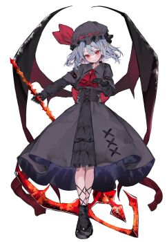  1girl alternate_color ascot back_bow bat_wings black_boots black_corset black_gloves black_hat black_shirt black_skirt blue_hair boots bow brooch closed_mouth collared_shirt commentary_request corset full_body gloves hair_between_eyes hat hat_bow highres holding holding_polearm holding_weapon jewelry kararage_tsune long_sleeves looking_at_viewer medium_hair mob_cap pointy_ears polearm red_ascot red_bow red_eyes remilia_scarlet shirt simple_background skirt smile solo spear_the_gungnir touhou weapon white_background wings 