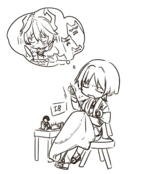  1boy 49ibo240 armor blunt_bangs blunt_ends bridal_gauntlets cape chest_jewel closed_eyes closed_mouth doll dragon_horns dragon_wings facing_down facing_to_the_side feathers gem genshin_impact greyscale hair_between_eyes hand_up heart-shaped_gem holding holding_quill holding_sewing_needle horns japanese_armor japanese_clothes kimono kote low_wings mini_durin_(genshin_impact) mini_durin_(human)_(genshin_impact) monochrome needle open_mouth pincushion puff_of_air quill sandals scaramouche_(genshin_impact) sewing sewing_needle shorts sigh sitting sketch spoken_character stool table tearing_up vision_(genshin_impact) wanderer_(genshin_impact) wings wispy_bangs writing 