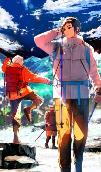  3boys backpack bag balding blue_jacket blue_sky boots brown_eyes brown_hair brown_pants chaldea_boys_collection closed_mouth cloud cloudy_sky commentary_request dark-skinned_male dark_skin fate/grand_order fate_(series) game_cg gloves goggles hat hiking houzouin_inshun_(fate) jacket lens_flare male_focus mountainous_horizon multiple_boys musashibou_benkei_(fate) my_kind_of_abduction official_art old old_man outdoors pants red_jacket shizuki_soujuurou short_hair sky solo_focus standing standing_on_one_leg takayama_shinobu third-party_source white_hat white_jacket 