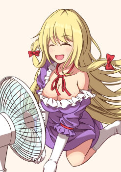  1girl :d ayuyu_yuka03 blonde_hair bow breasts cleavage closed_eyes commentary_request dot_nose dress elbow_gloves electric_fan foot_out_of_frame frilled_dress frills gloves hair_bow highres large_breasts light_blush long_hair missing_headwear neck_ribbon open_mouth purple_dress red_bow red_ribbon ribbon simple_background sitting sleeve_ribbon smile socks solo sweat textless_version touhou variant_set very_long_hair wariza white_background white_gloves white_socks yakumo_yukari 
