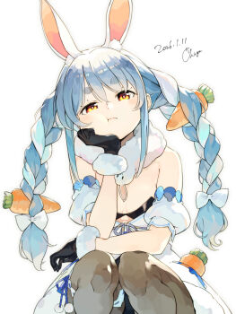  1girl 2026 :t animal_ear_fluff animal_ears arm_support artist_name black_pantyhose blue_hair braid breasts carrot_hair_ornament chiga_(chiga_sanma) cleavage commentary_request dated don-chan_(usada_pekora) dot_nose dress food-themed_hair_ornament hair_ornament head_rest hololive orange_eyes pantyhose rabbit_ears rabbit_girl simple_background small_breasts solo thick_eyebrows twin_braids usada_pekora usada_pekora_(1st_costume) virtual_youtuber white_background white_dress white_hair 