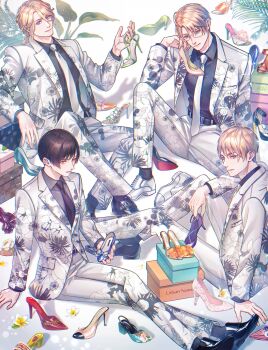  4boys absurdres ahoge america_(hetalia) animal_print aqua_eyes axis_powers_hetalia belt black_belt black_hair black_necktie black_shirt black_shoes black_socks blonde_hair blue_eyes blue_shoes bow box buttons chain closed_mouth collared_shirt commentary crossed_legs facial_hair fingernails floral_print flower formal_clothes france_(hetalia) from_side full_body glasses gold_chain green_shoes grey-framed_eyewear grey_shirt hair_between_eyes hand_on_own_face heart heart_print high_heels highres jacket japan_(hetalia) lapels leaf leopard_print lips long_hair long_hair_between_eyes long_sleeves looking_at_viewer low_ponytail male_focus matching_outfits multiple_boys necktie npyon open_clothes open_jacket orange_shoes pink_bow pink_shoes plant pocket ponytail product_placement purple_bow purple_eyes purple_shoes red_shoes semi-rimless_eyewear shadow shirt shoe_box shoes short_hair sitting smile socks striped_bow suit suit_jacket symbol-only_commentary united_kingdom_(hetalia) white_bow white_flower white_jacket white_necktie white_shoes white_suit yellow_eyes yellow_shoes 