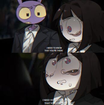  1boy 1girl animal_ears black_hair black_suit blue_eyes blush colored_skin crying english_text formal_clothes furrowed_brow high_collar house_m.d. jax_(the_amazing_digital_circus) lapels looking_at_another multicolored_eyes parted_lips pomni_(the_amazing_digital_circus) purple_skin rabbit_boy rabbit_ears red_eyes rimrinkarizu shirt subtitled suit talking teardrop tearing_up teeth the_amazing_digital_circus two-tone_eyes upper_body white_shirt white_skin 