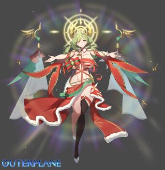  1girl abs absurdres armor armpits bell black_thighhighs bow breasts christmas commentary copyright_logo detached_collar dianne_(outerplane) english_commentary full_body green_hair grey_background hair_bun hair_over_one_eye halo highres huge_breasts laurel_crown logo neck_bell official_art outerplane red_bow red_ribbon revealing_clothes ribbon shoes simple_background single_thighhigh solo thighhighs twintails wangjook_(wj) white_shoes yellow_eyes yellow_halo 