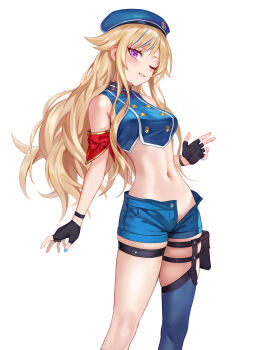  1girl absurdres armband asymmetrical_legwear beret black_gloves blonde_hair blue_hair blue_hat blue_nails blue_shorts blue_thighhighs blush breasts buttons commentary cowboy_shot crop_top fingerless_gloves fingernails gloves hair_flaps hat highres himehina_channel holster long_hair looking_at_viewer medium_breasts midriff multicolored_hair nail_polish navel nose one_eye_closed open_clothes open_fly open_shorts pocket purple_eyes red_armband shirt short_shorts shorts simple_background single_thighhigh sleeveless sleeveless_shirt smile solo standing stomach streaked_hair suzuki_hina teeth thigh_holster thighhighs thighs untranslatable_commentary white_background z.boat 